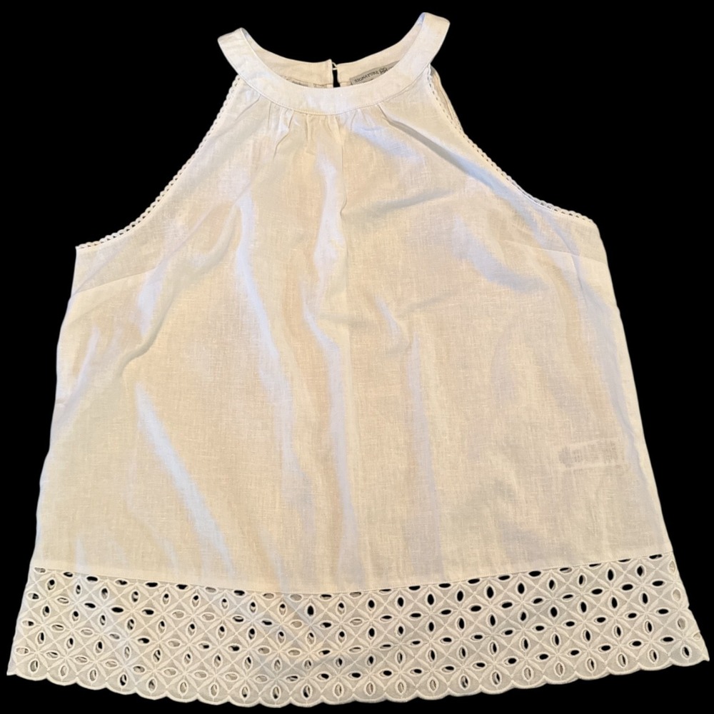 Signature Collection White Linen Blend Eyelet‎ Hem Halter Top L 12-14 Coastal